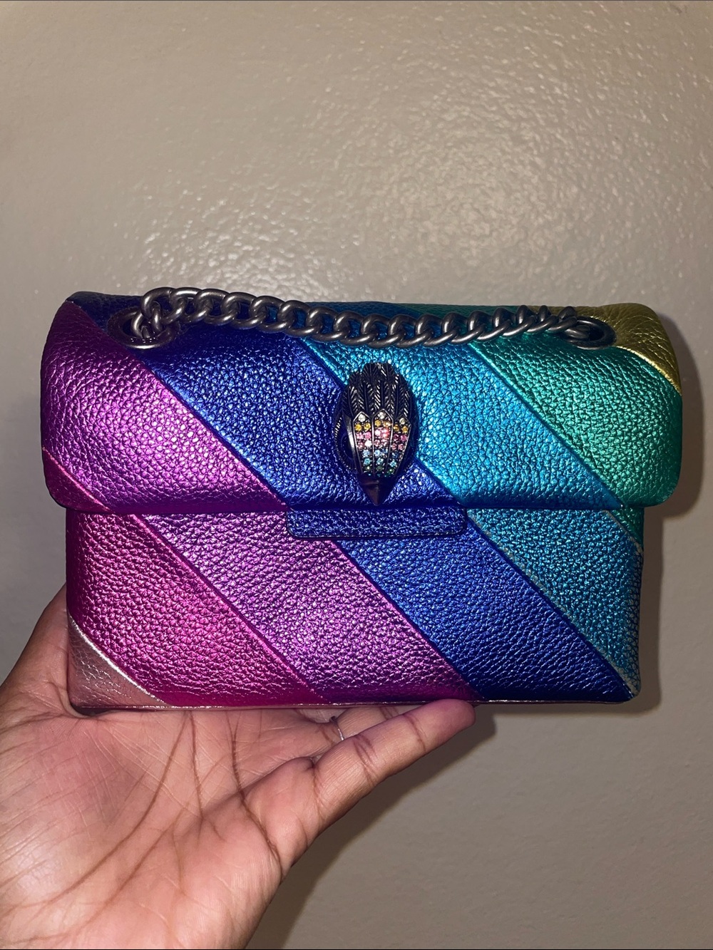Kurt Geiger Rainbow Metallic Diagonal-Stripe Leather Crossbody